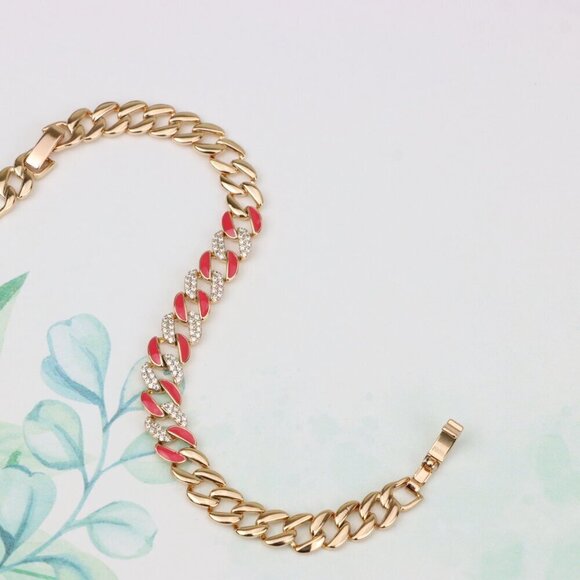 Rose Gold Bracelet with Red Enamel and Crystal Pave Links, XPBL0728 - Picture 4 of 12